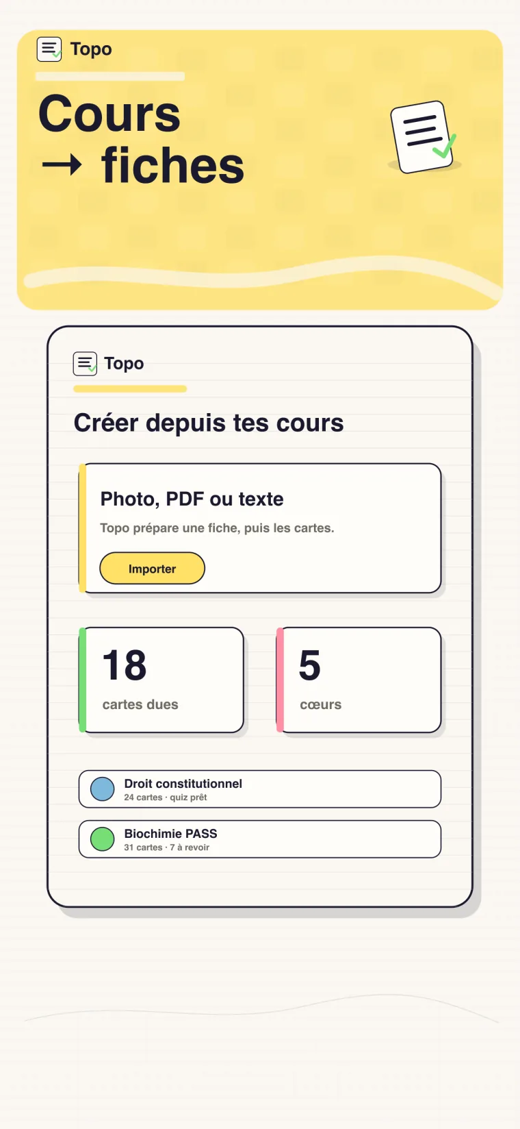 Dashboard Topo : cartes dues du jour et c&oelig;urs restants.