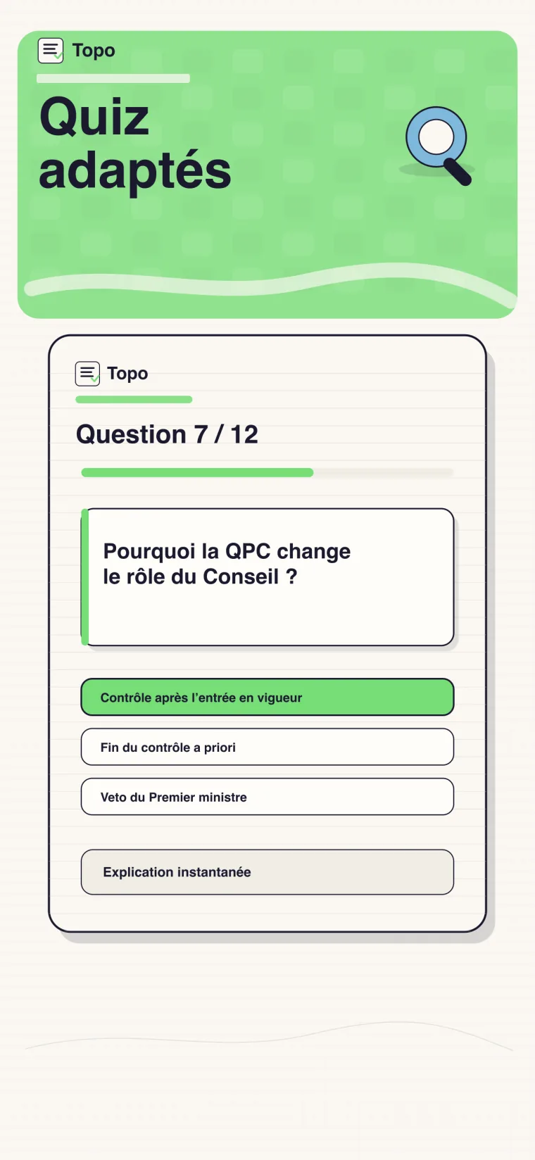 Quiz QCM Topo, exemple de question sur la QPC.