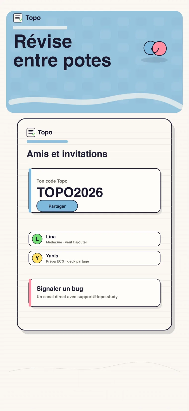 &Eacute;cran amis et parrainage Topo : code TOPO2026, demandes d'amis.
